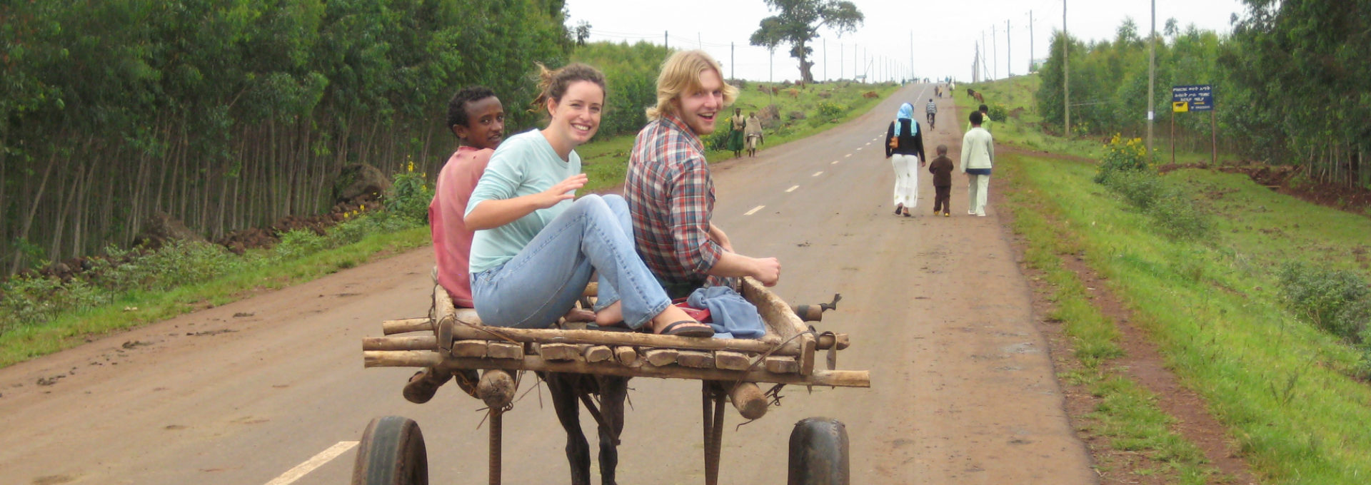 Two volunteers sitting on a animal pulled cart.